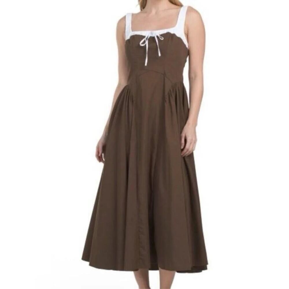 Moon River Two Tone Drop Waist Peakaboo Midi A-Line Dress Brown White Women's M